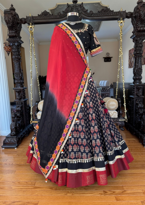 Black Block Print Chaniya with Dupatta